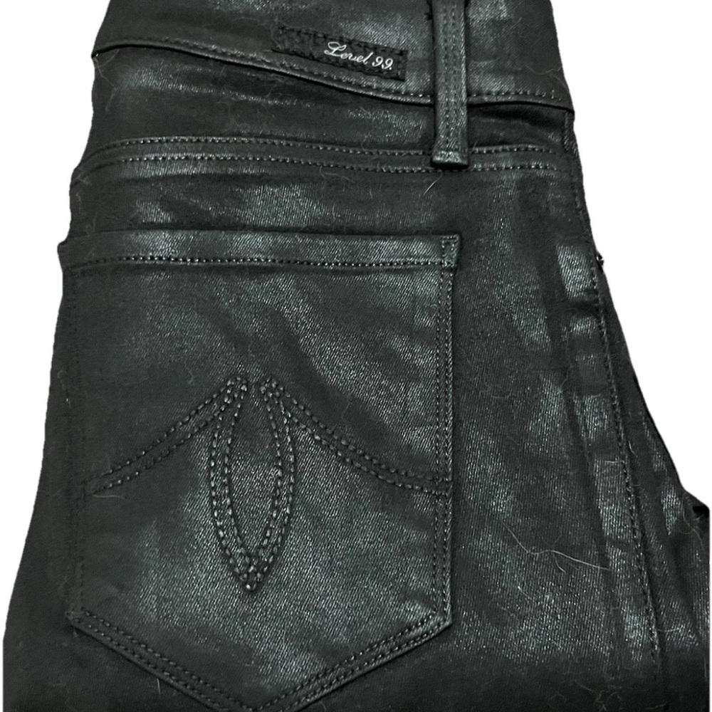 Level 99 Black Coated Skinny Jeans Women Size 4 Waxed Leather Look Stretch